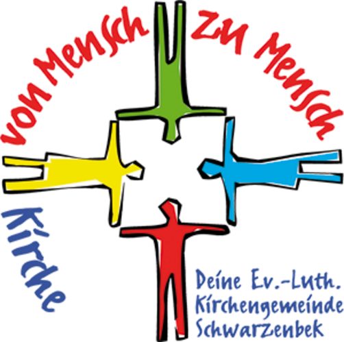 vier gezeichnete Männchen mit ausgestreckten Armen, welche sich an den Händen fast berühren, links gelb, oben grün, rechts hellblau, unten rot, neben dem roten Männchen der Schriftzug: Deine Ev.-Luth. Kirchengemeinde Schwarzenbeck, im Kreis über den anderen drei Männchen der Schriftzug: Kirche von Mensch zu Mensch
